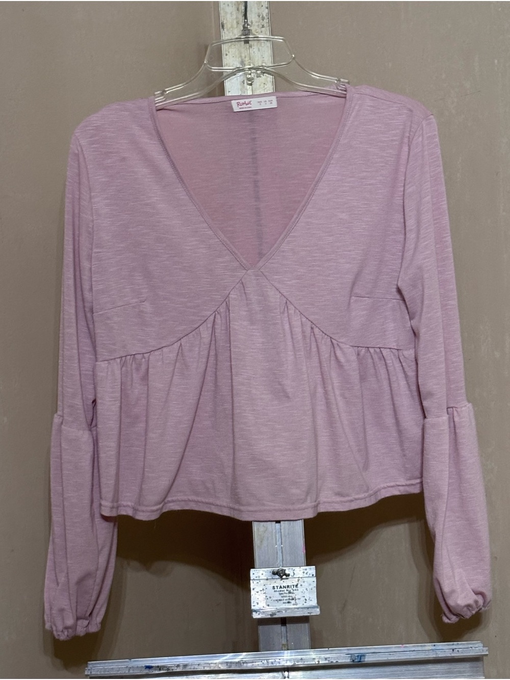 ROMWE Dusty Pink Babydoll Top V Neck Long Sleeve Y2K Boho Romantic Coquette